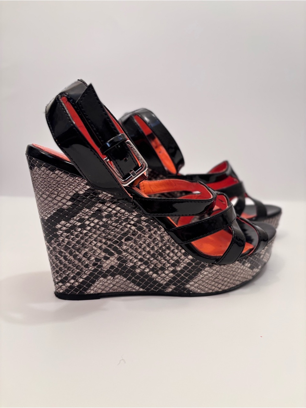 Black Patent Snake-Print Wedge Sandals with Red Lining - Women's